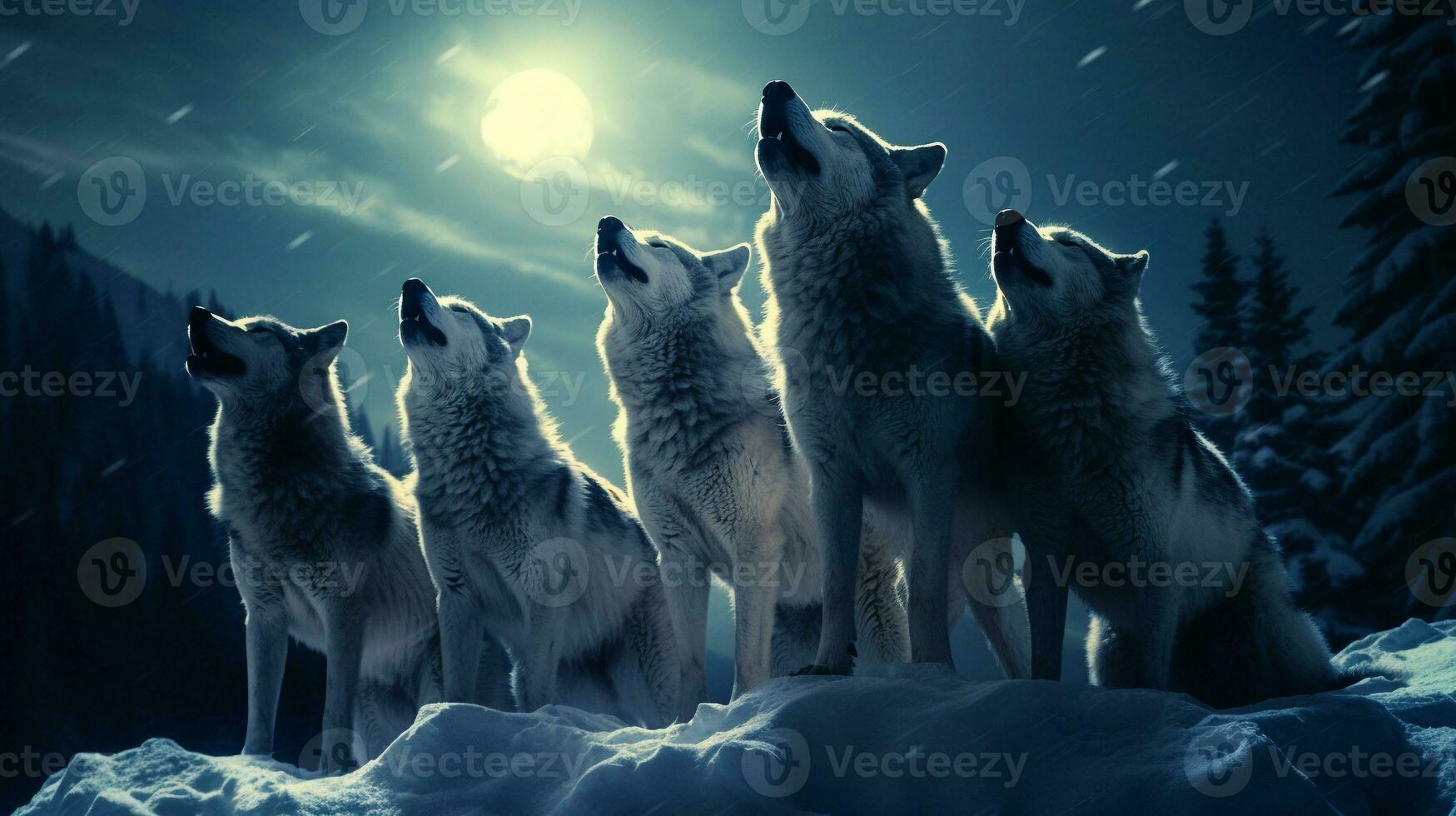 Moonlit Serenade Wolves' Melody Beneath the Full Moon, AI Generative photo