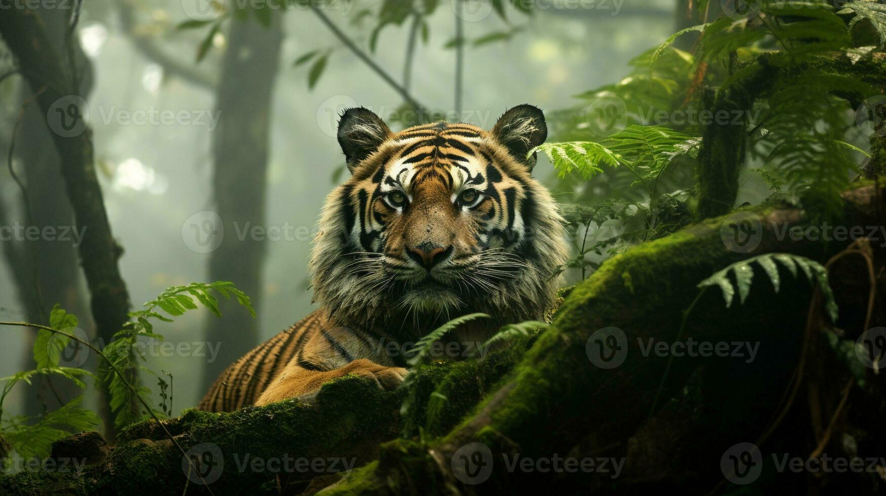Resting Tiger in Enshrouded Ancient Forest, AI Generative photo