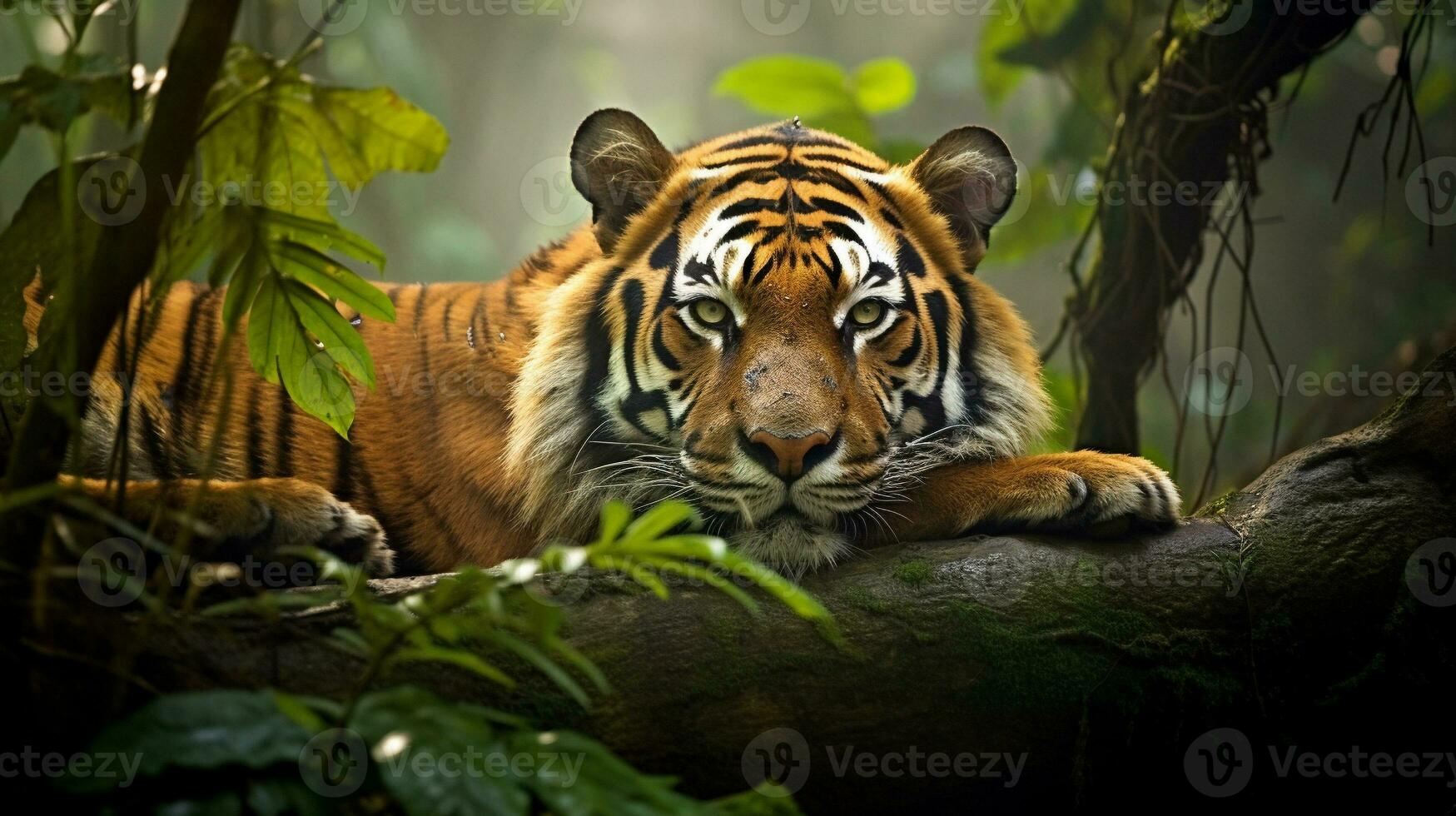 descansando Tigre en envuelto antiguo bosque, ai generativo foto