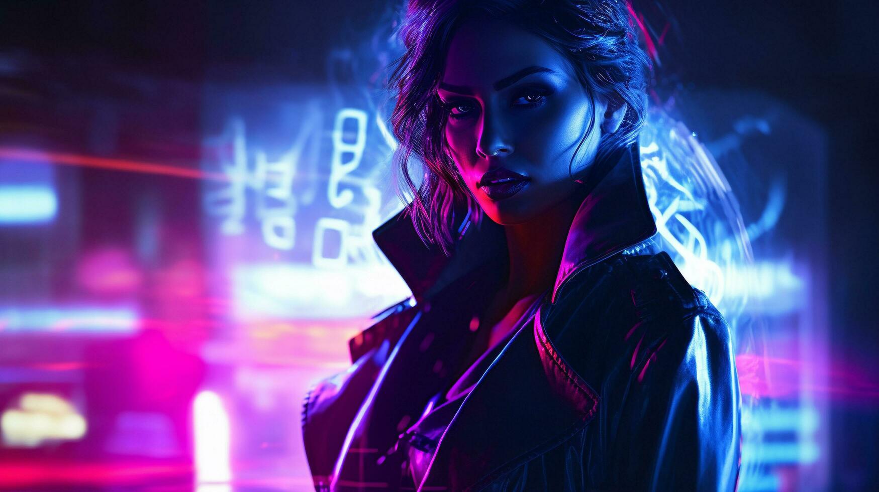 Enigmatic Elegance Neon Noir Femme Fatale, AI Generative photo