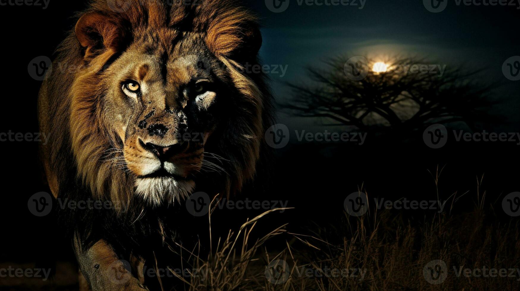 Moonlit Hunt Stealthy Lion on the Prowl, AI Generative photo