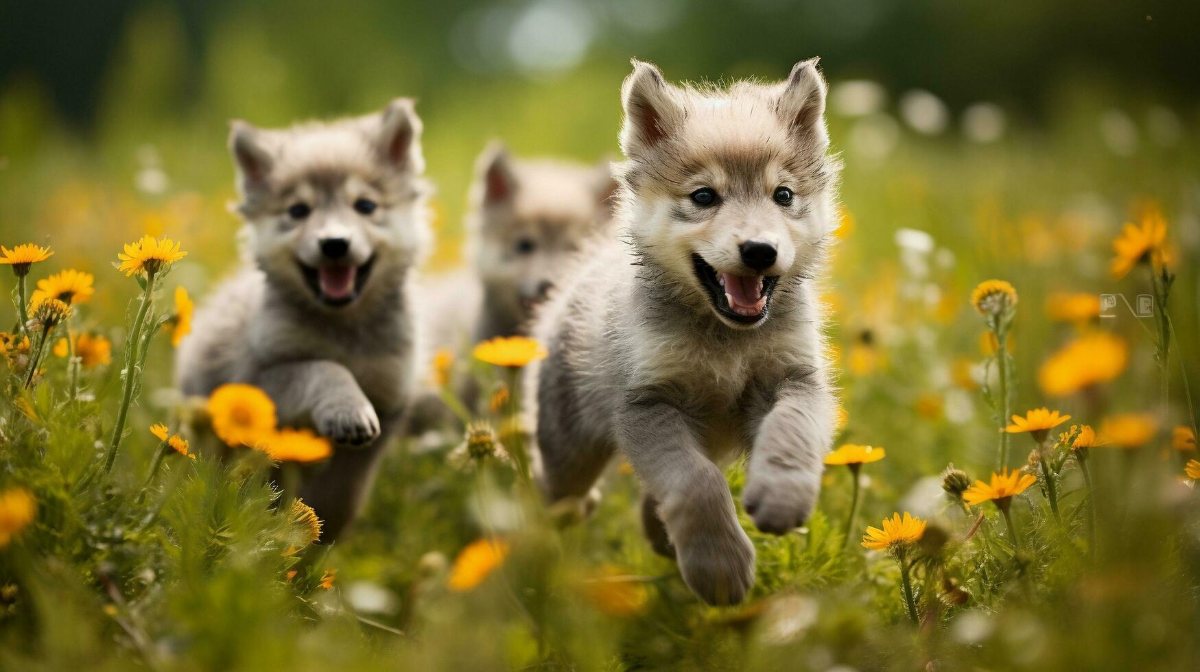 Whimsical Wolf Pup Playtime, AI Generative photo