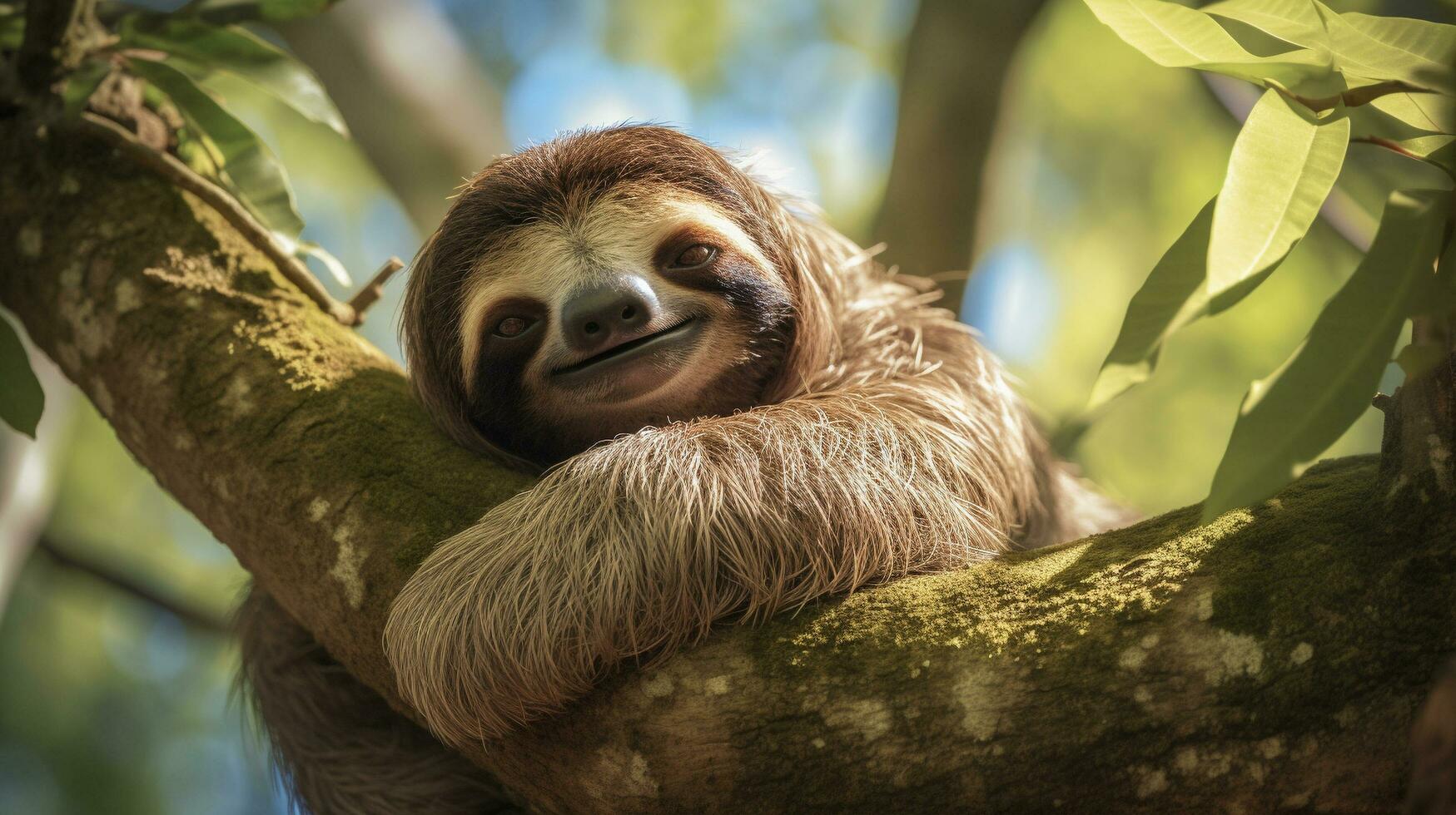 Tranquil Slumber Sleepy Sloth Resting on Tree Branch, AI Generative photo