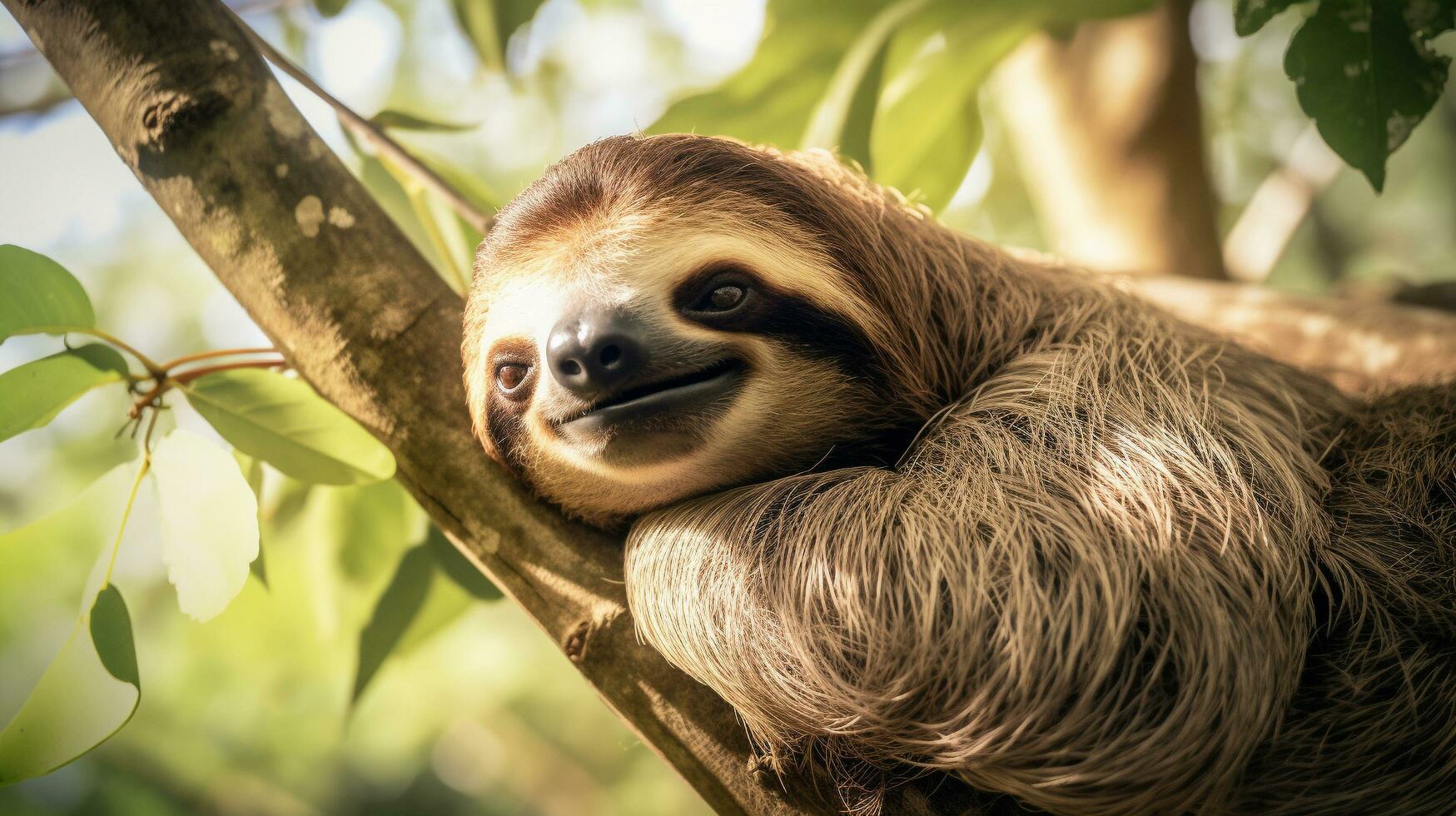 Tranquil Slumber Sleepy Sloth Resting on Tree Branch, AI Generative photo