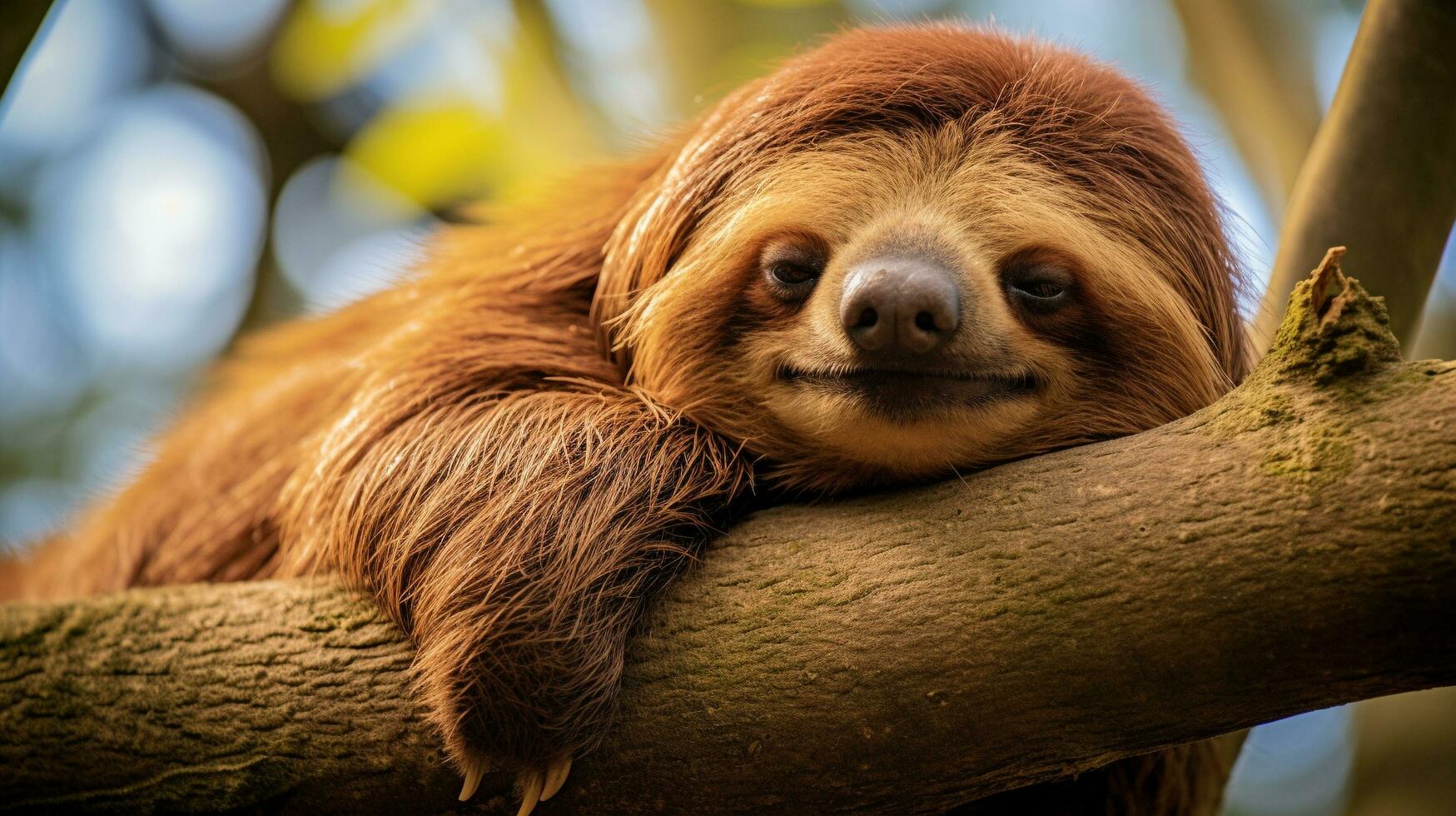 Tranquil Slumber Sleepy Sloth Resting on Tree Branch, AI Generative photo