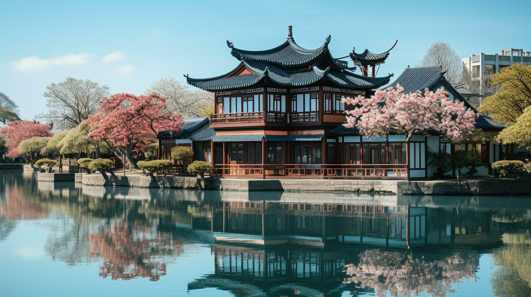 un famoso punto de referencia en un sereno como espejo lago, generativo ai foto