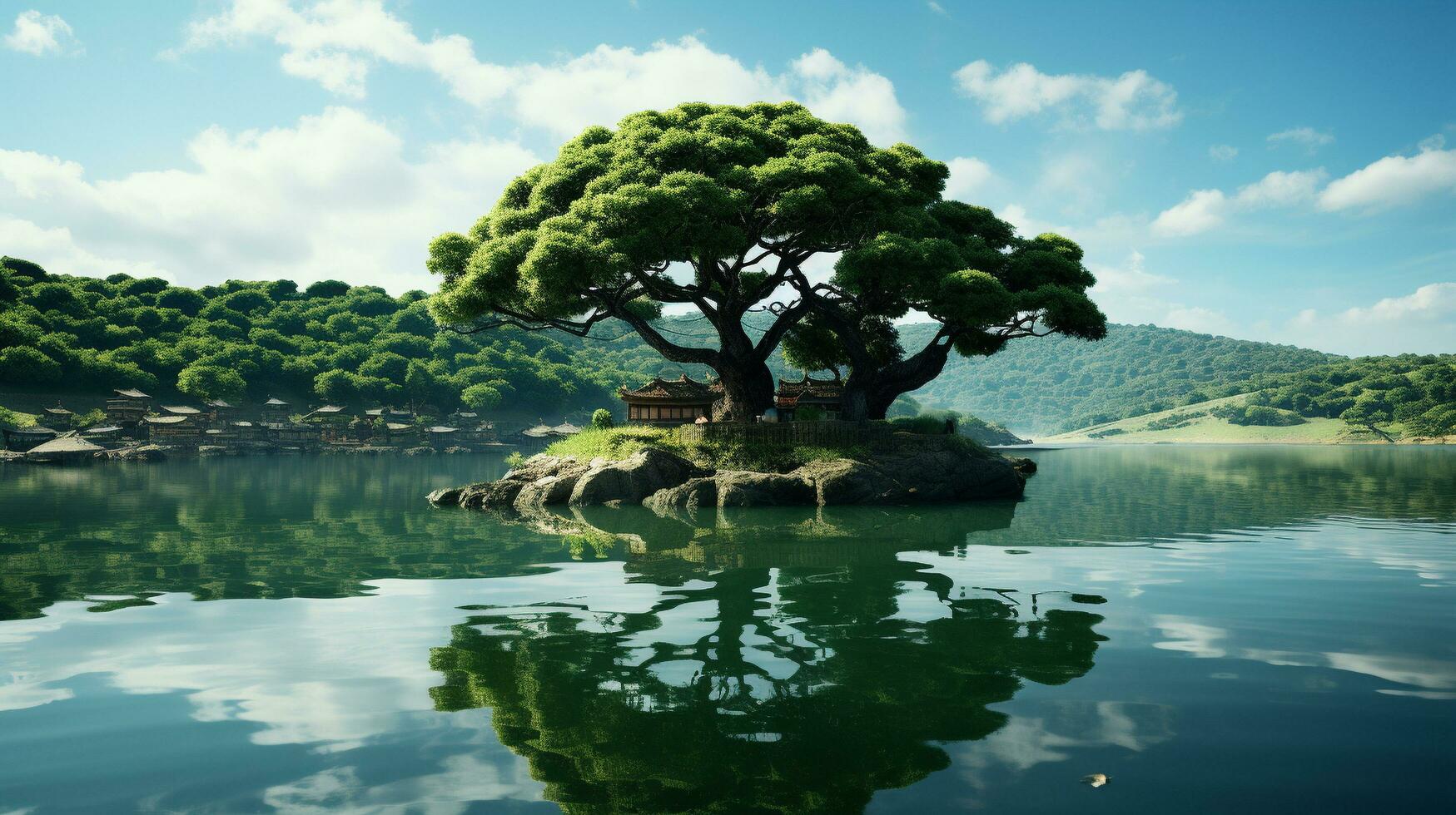 A Famous Landmark in a Serene Mirror-Like Lake, Generative AI photo