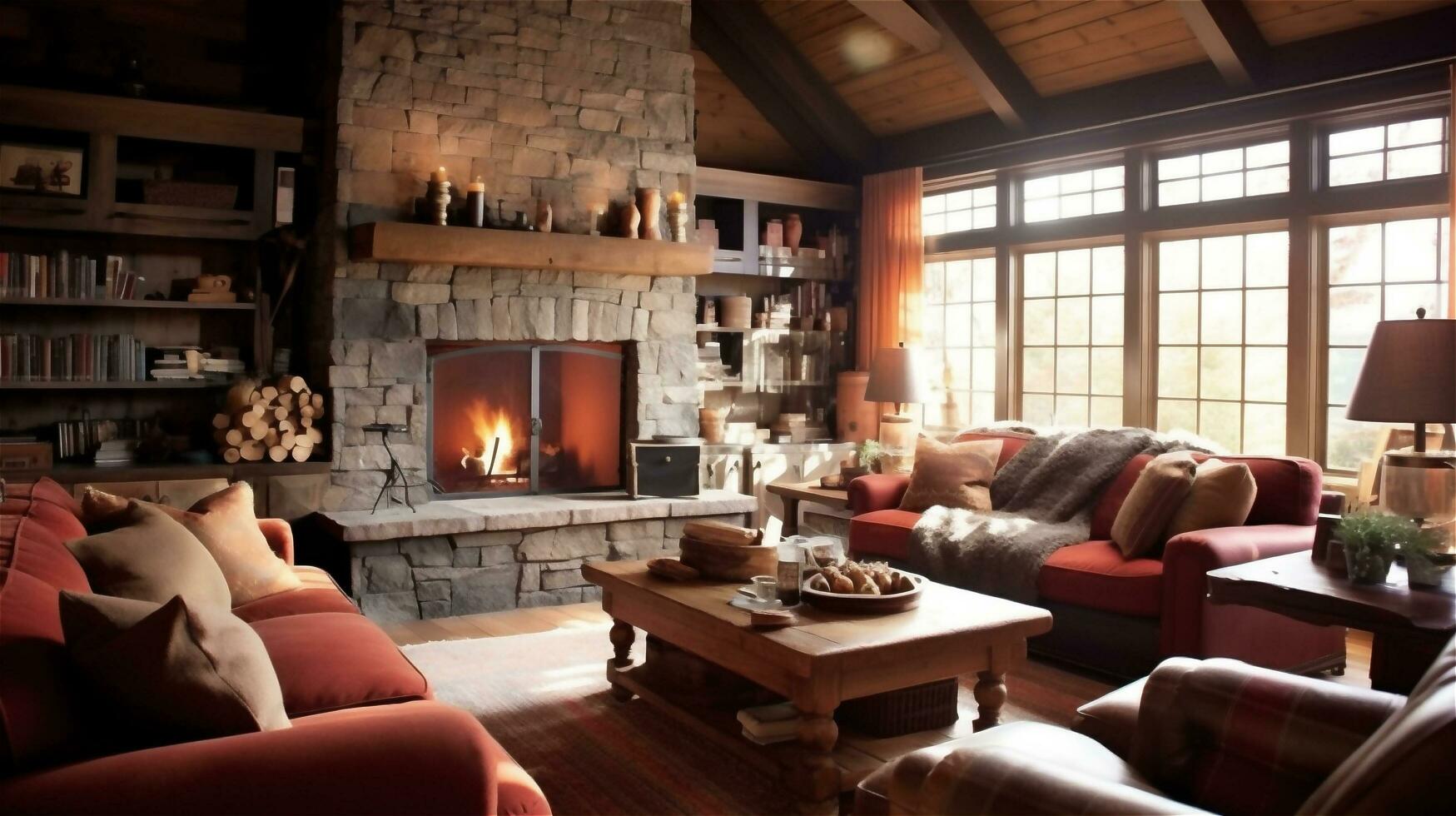 Generative AI, Rustic Living Room with Natural Materials and Warm Colors photo