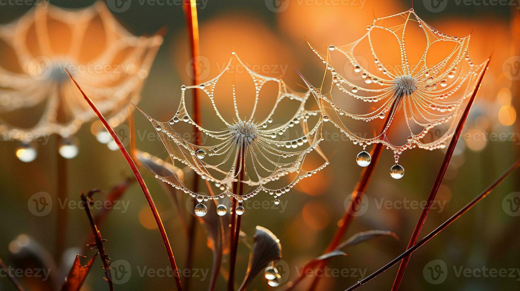 Morning Dew on Spiderwebs, Generative AI photo