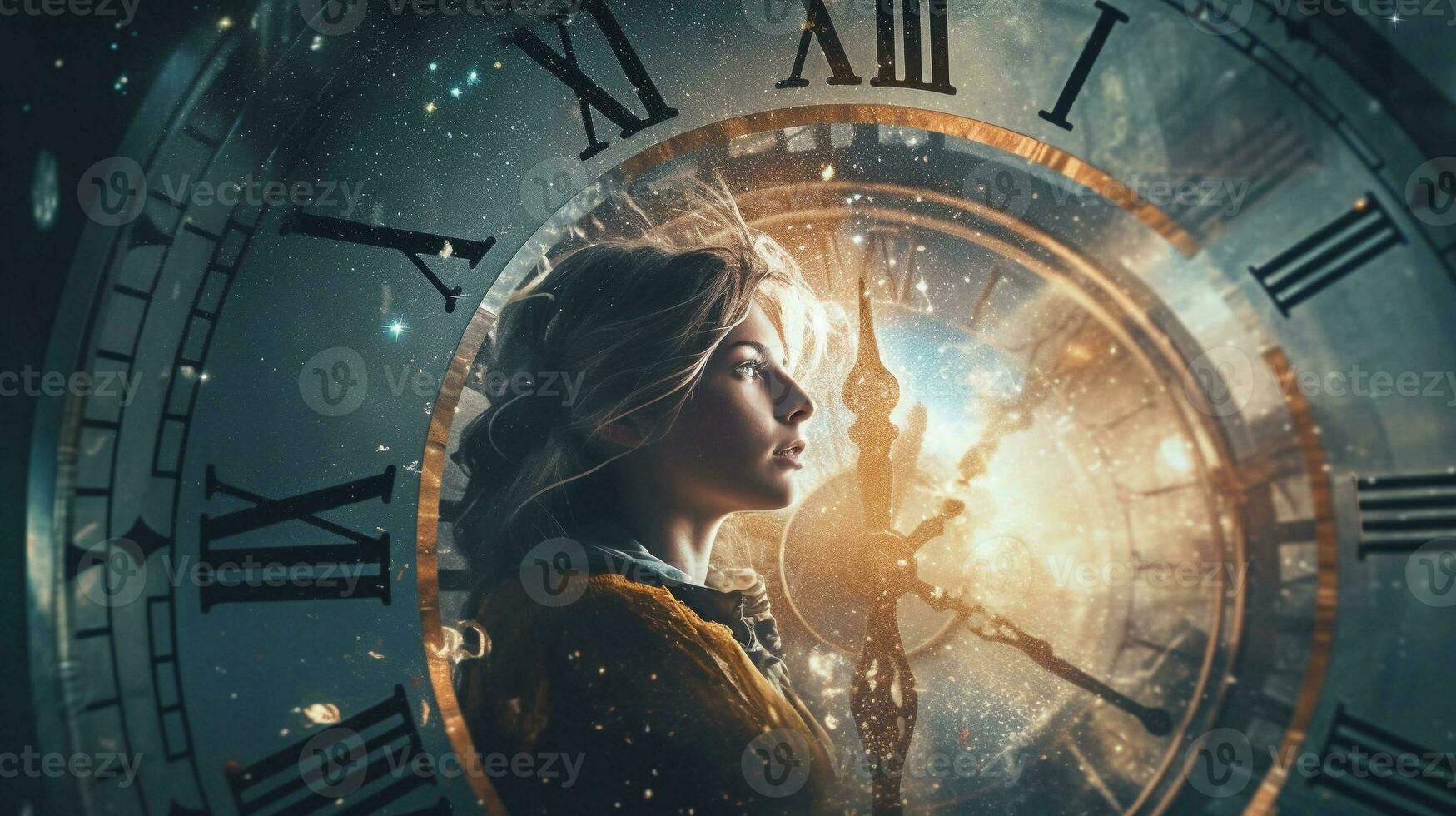 Generative AI, double exposure techniques to capture the concept of time travel. photo