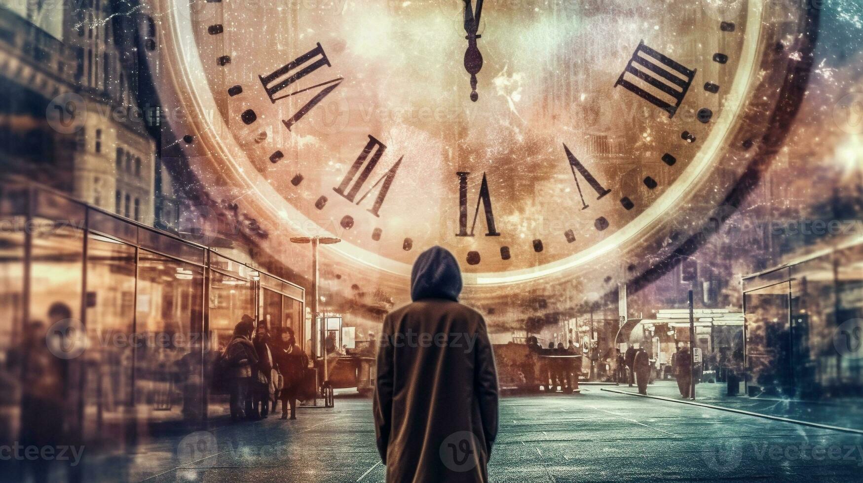 Generative AI, double exposure techniques to capture the concept of time travel. photo