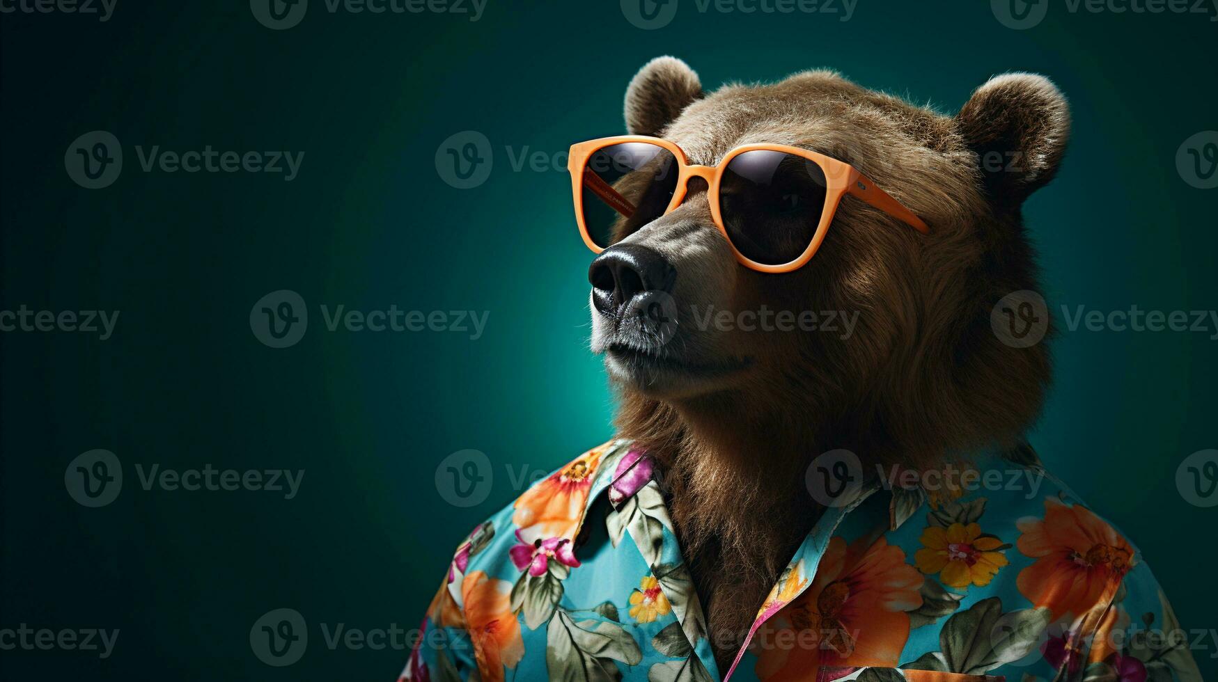 Bear's Half-Body  Shoot with Hawaiian Shirt and Sunglasses, AI Generative photo