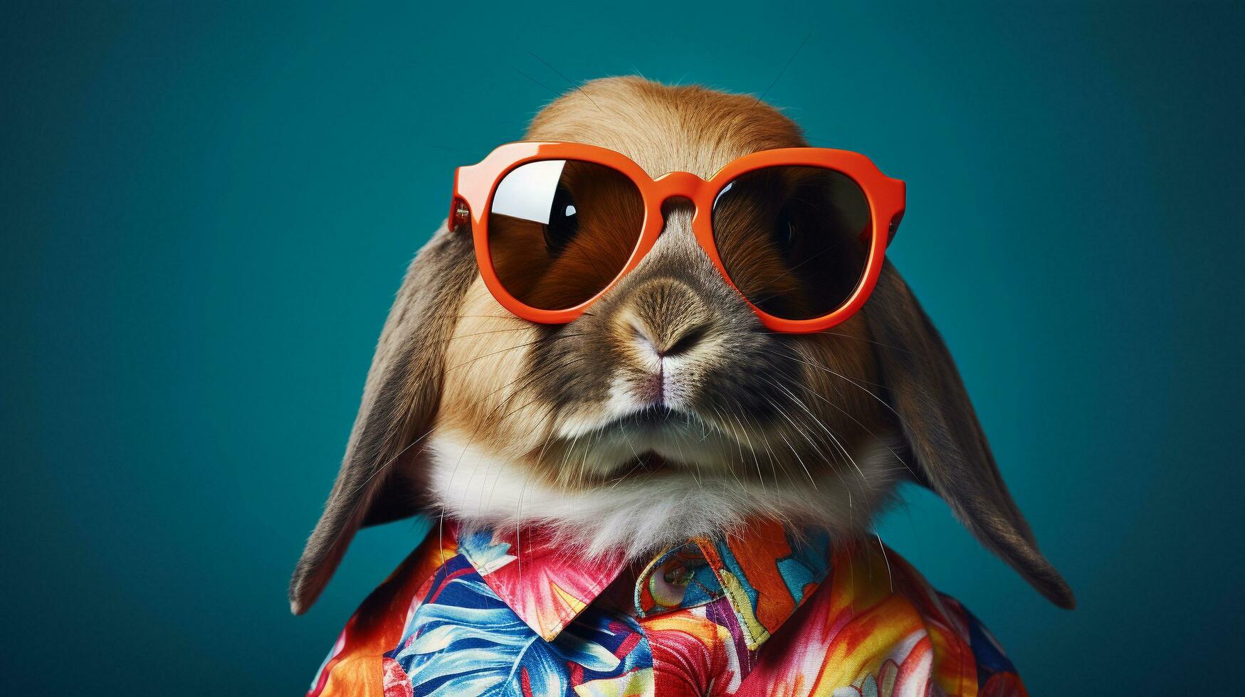 Trippy Rabbit Fashion Half-Body Hawaiian Shirt and Sunglasses, AI Generative photo