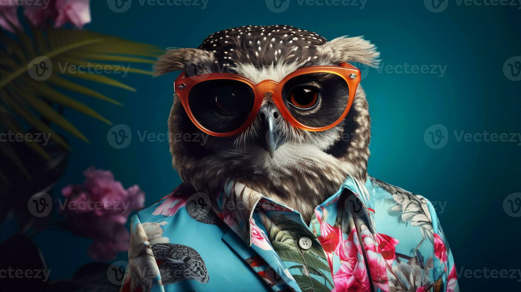 Modern Owl Fashion Pose, Hawaiian Shirt and Sunglasses, AI Generative photo