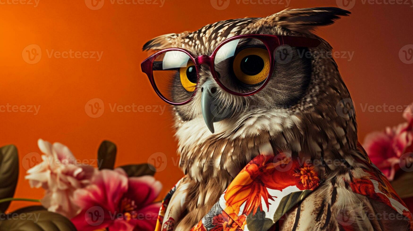 Modern Owl Fashion Pose, Hawaiian Shirt and Sunglasses, AI Generative photo