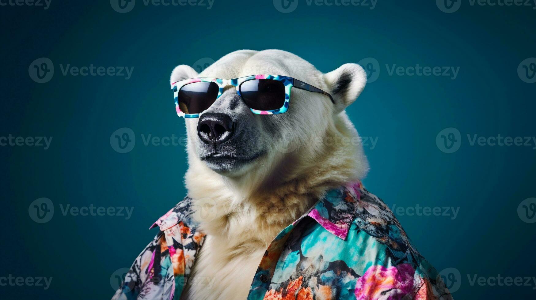 polar oso en hawaiano camisa y Gafas de sol medio cuerpo, ai generativo foto