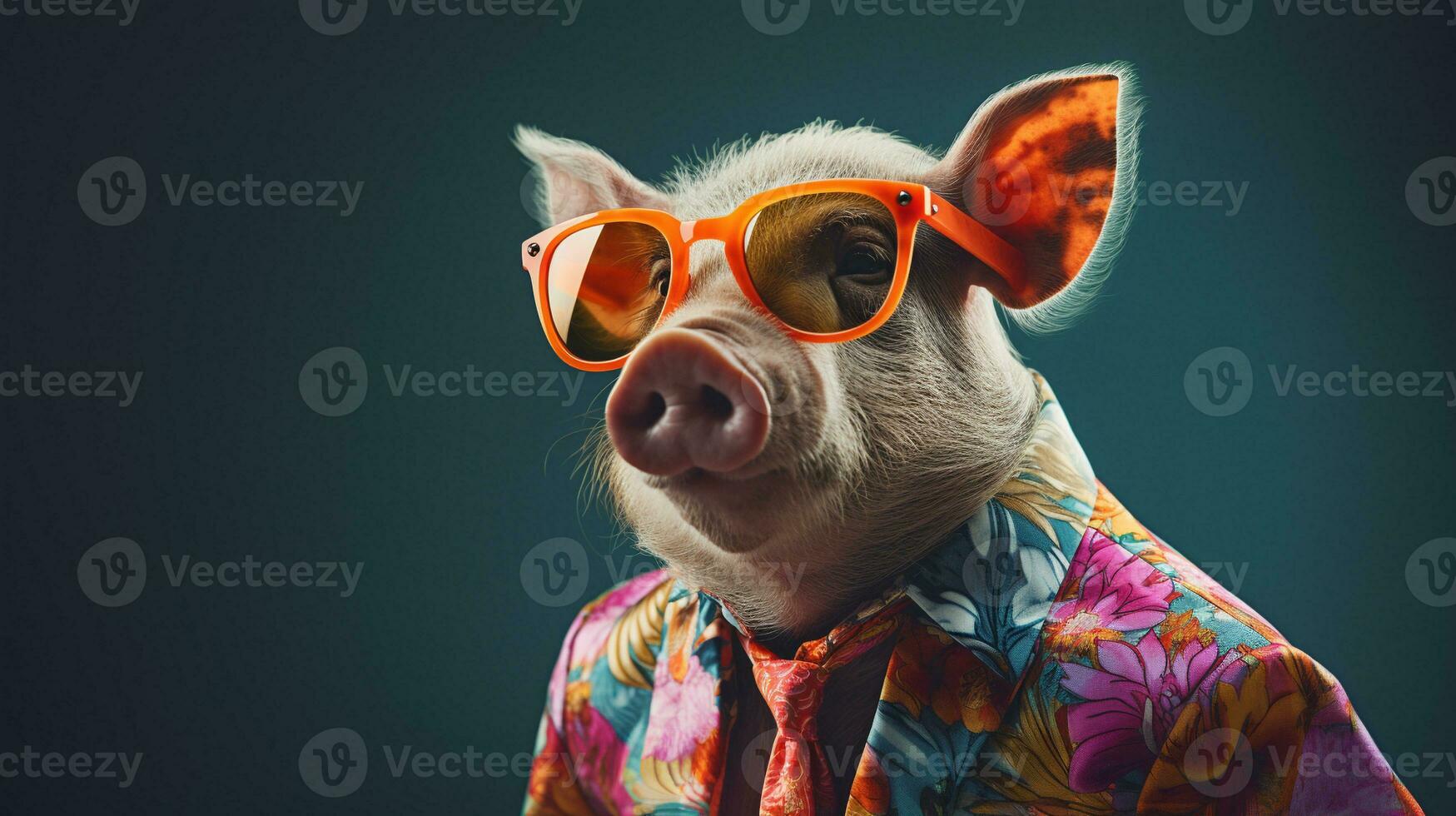 elegante cerdo en hawaiano camisa y Gafas de sol, ai generativo foto