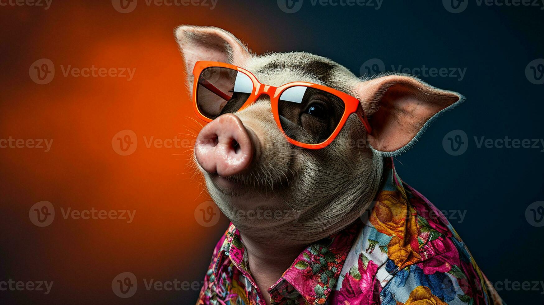 Stylish Pig in Hawaiian Shirt and Sunglasses, AI Generative photo