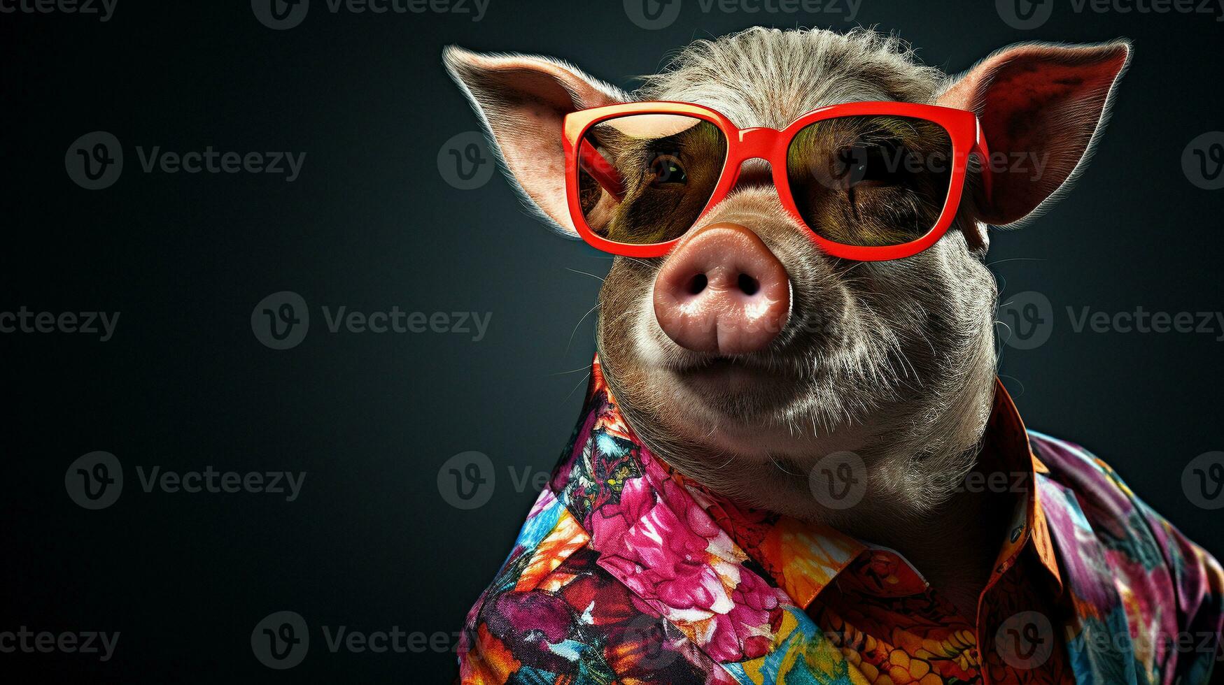 Stylish Pig in Hawaiian Shirt and Sunglasses, AI Generative photo