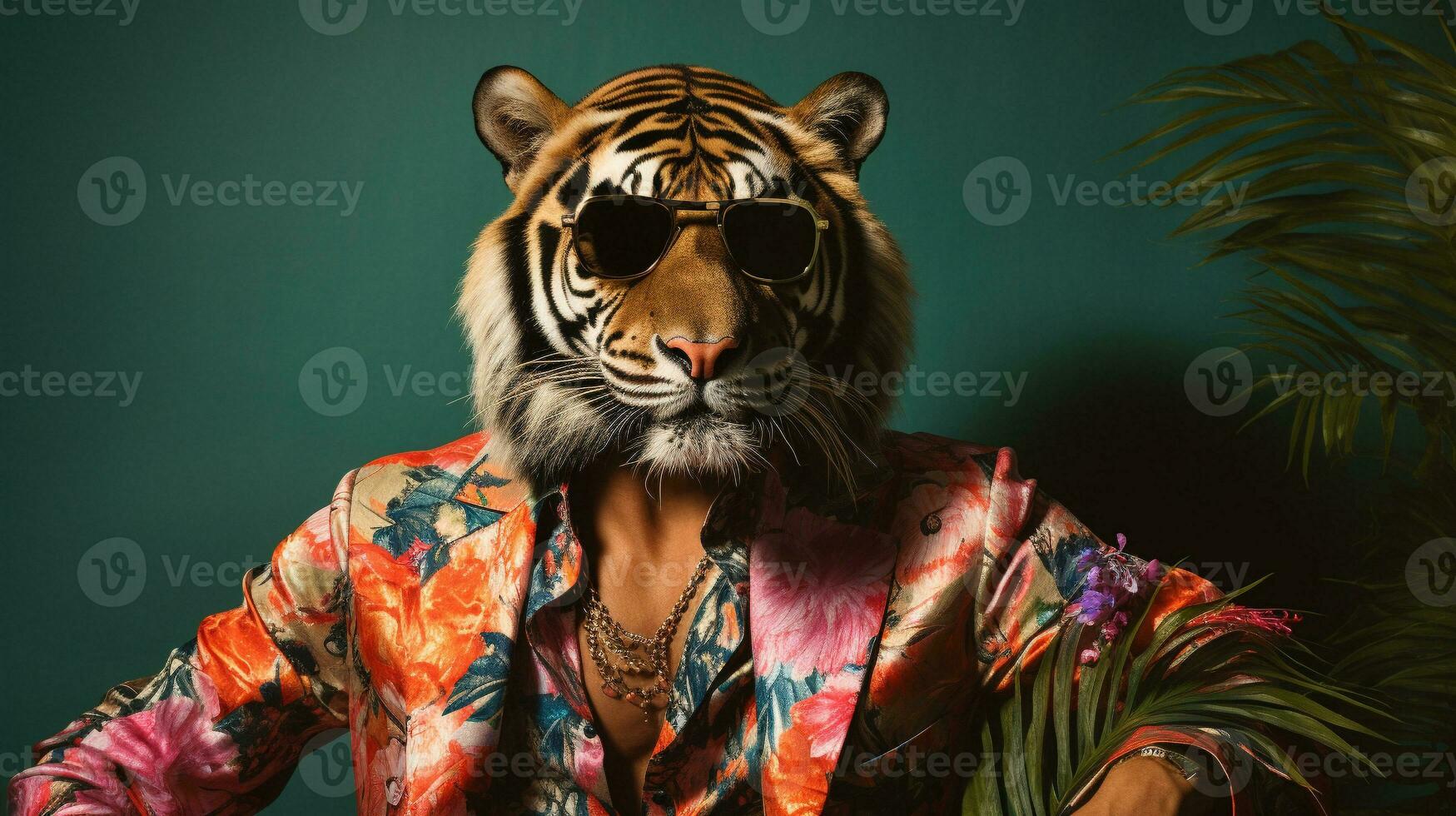 TIGER A Trippy Hawaiian Shirt and Sunglasses Half-Body, AI Generative photo