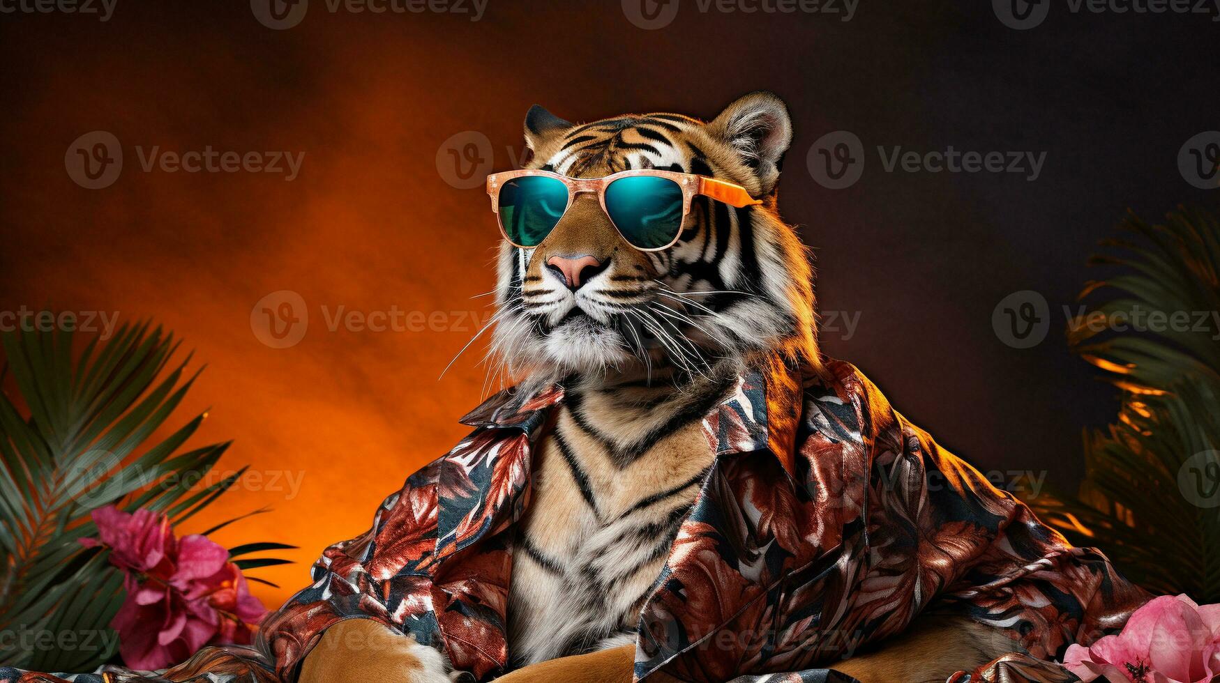Tigre un trippy hawaiano camisa y Gafas de sol medio cuerpo, ai generativo foto