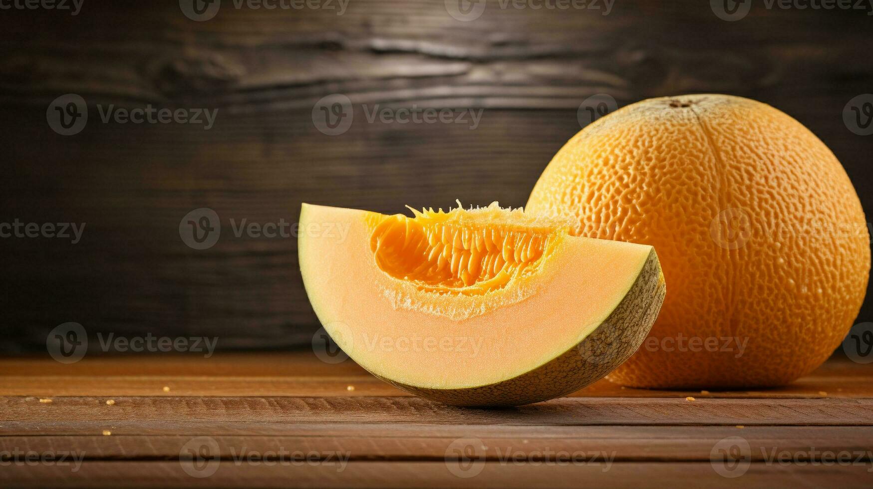 AI Generative, Delicious Cantaloupe on Wooden Background with copy space photo