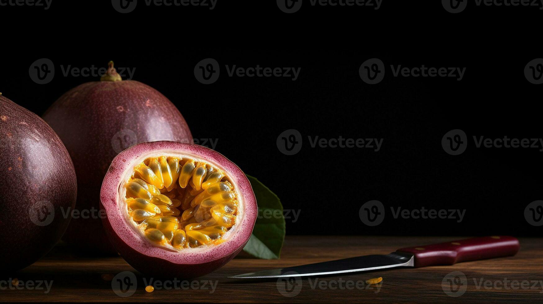 AI Generative, Delicious Passion Fruit on Wood Background photo