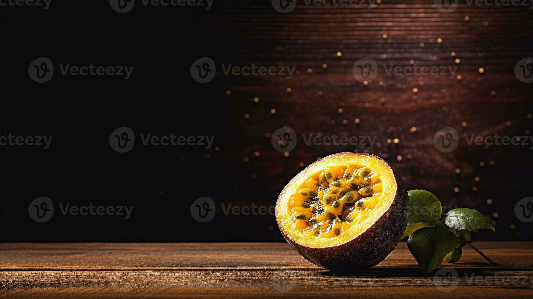 AI Generative, Delicious Passion Fruit on Wood Background photo