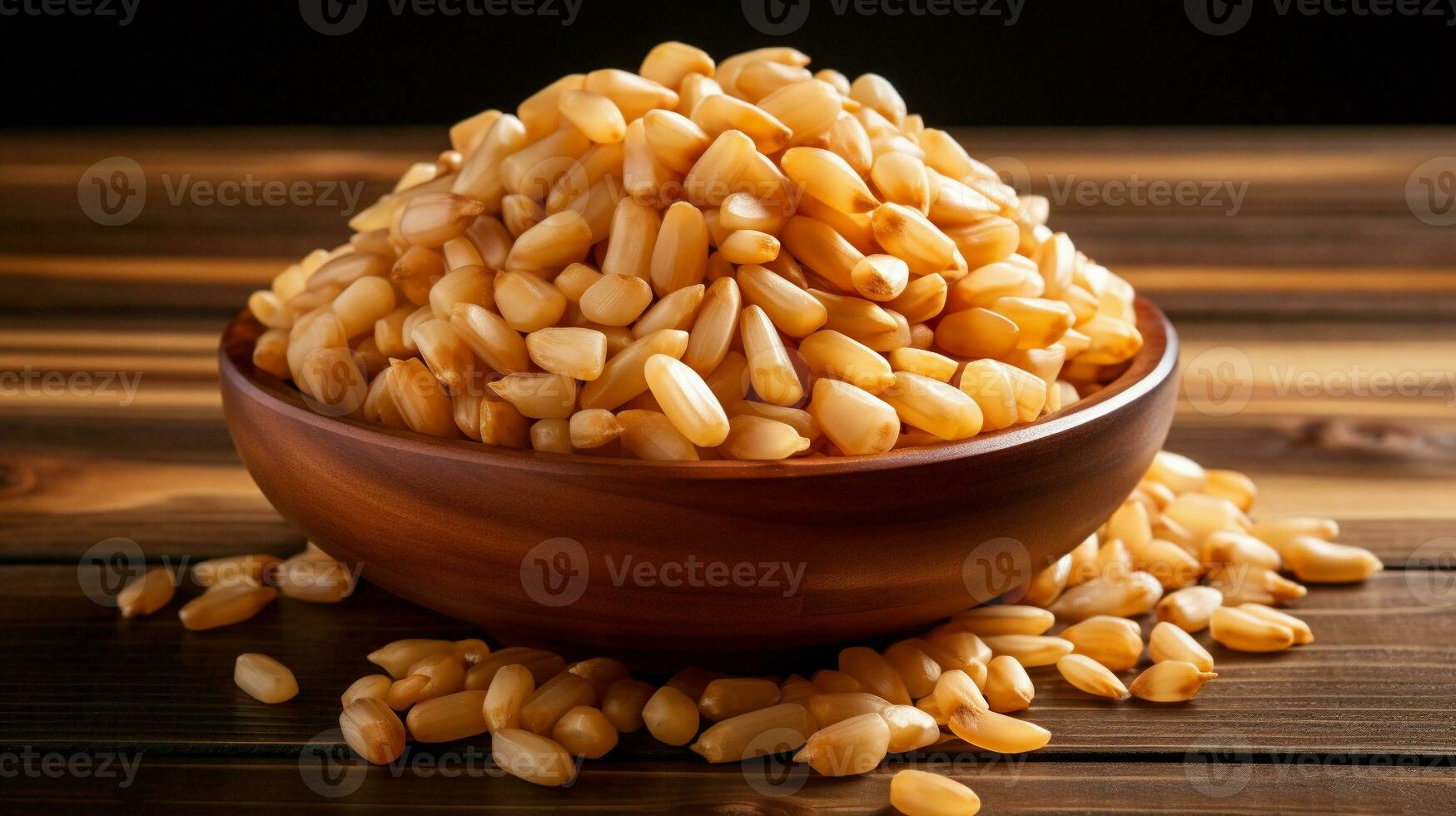 Pine Nuts on a Wooden Background with Ample Copy Space, AI Generative photo