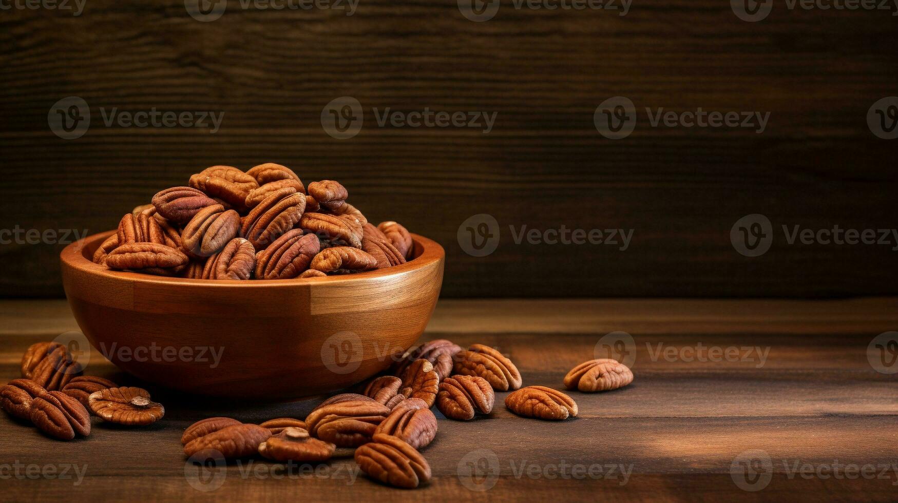 Pecans on Wood Background with Copy Space, AI Generative photo