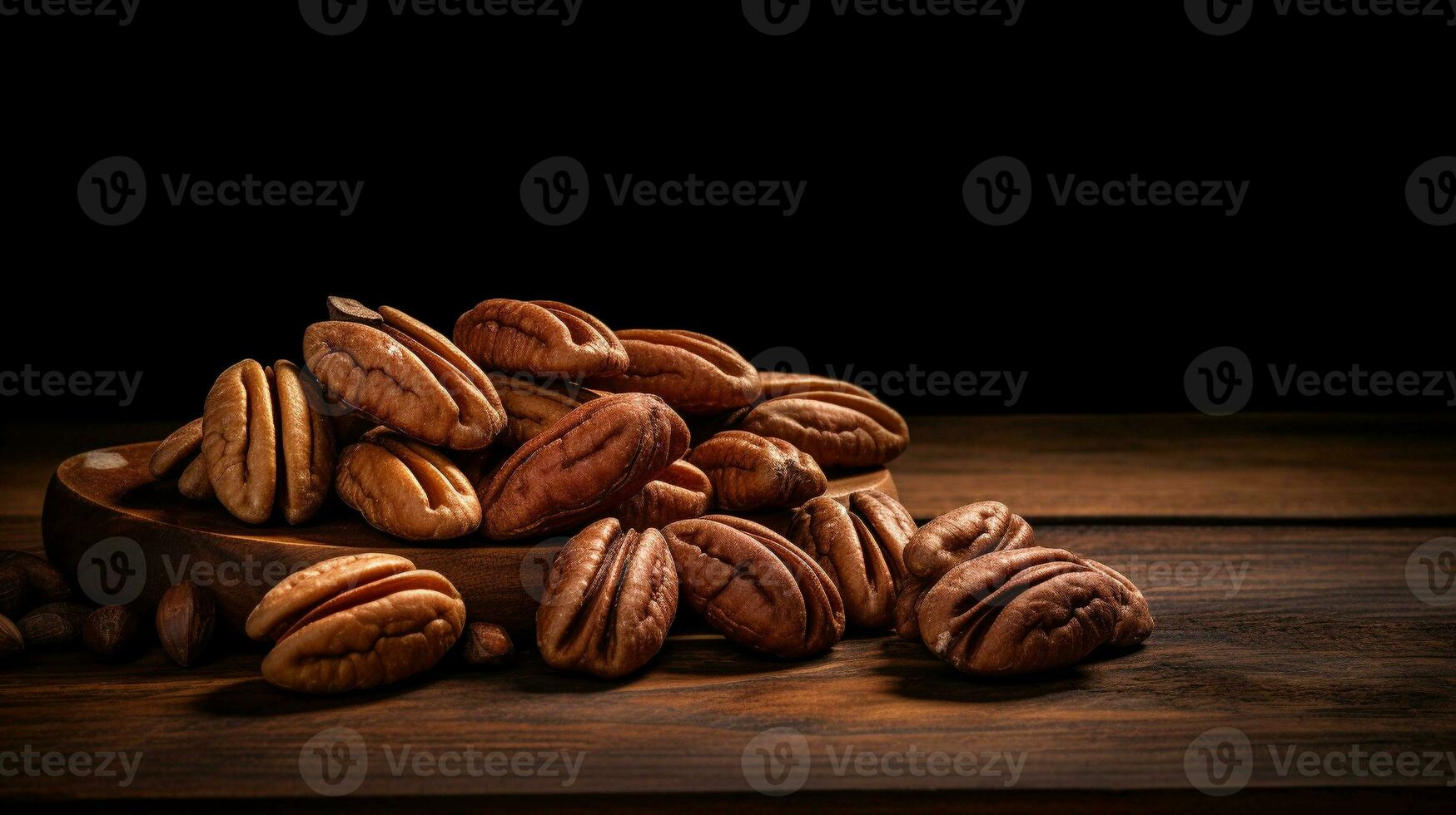 Pecans on Wood Background with Copy Space, AI Generative photo