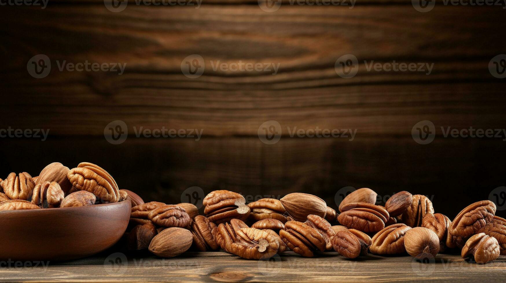 Pecans on Wood Background with Copy Space, AI Generative photo