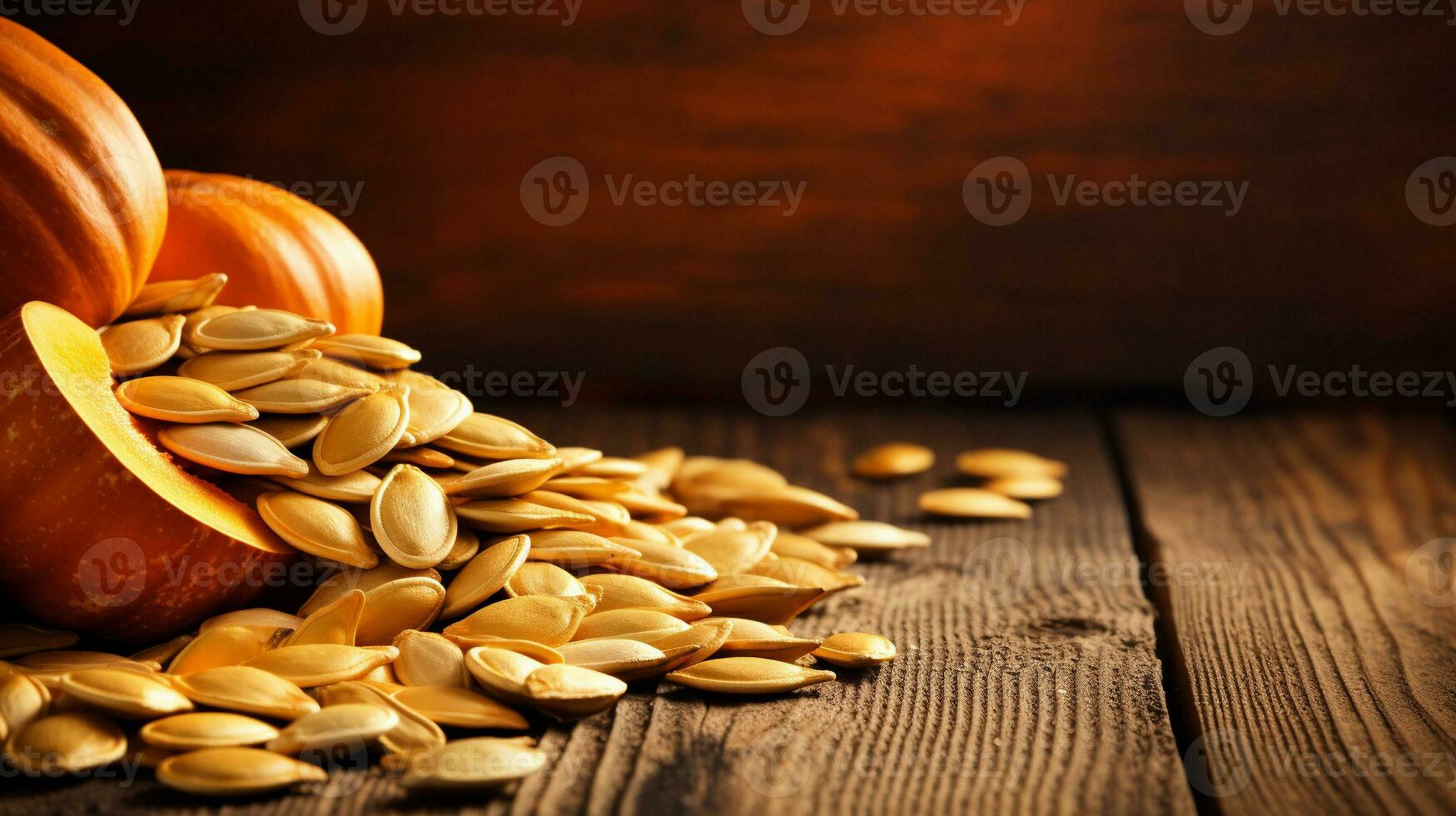 Pumpkin Seeds on Wood Background with Copy Space, AI Generative photo