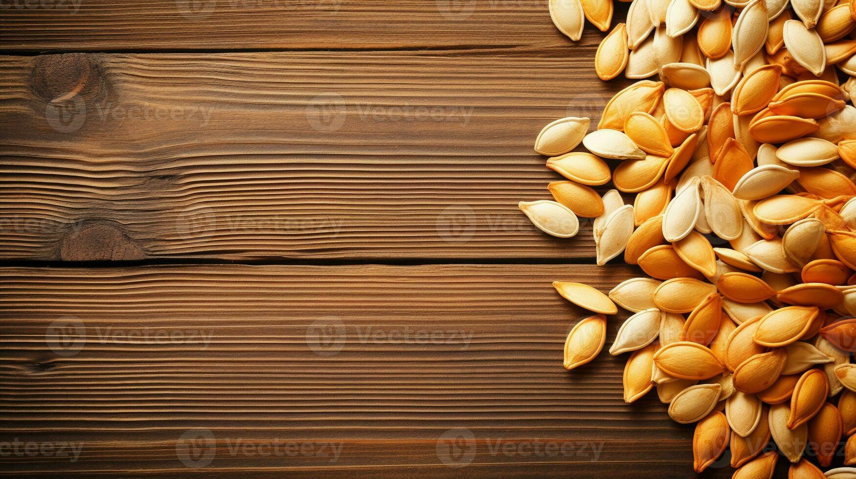 Pumpkin Seeds on Wood Background with Copy Space, AI Generative photo