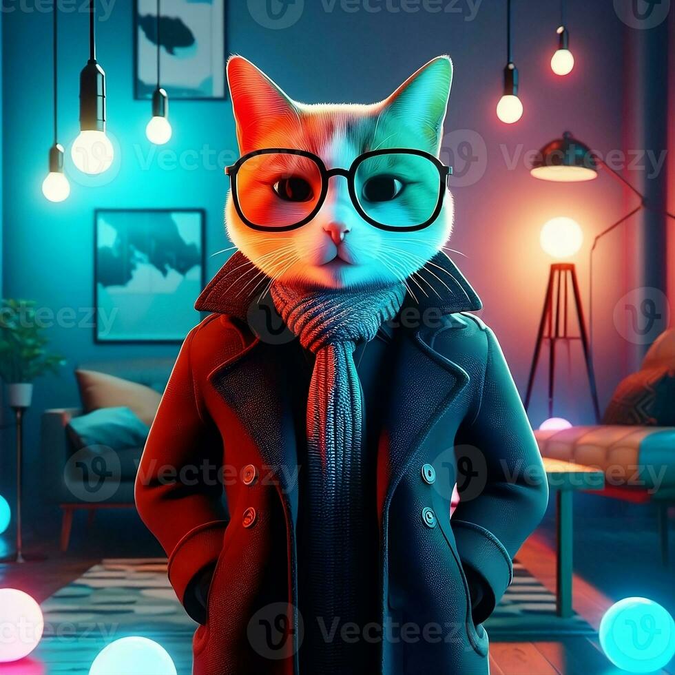 Stylish Feline in 3D, A Cat Rocking a Jacket and Glasses Amid a Kaleidoscope of Colored Lights. AI Generated photo