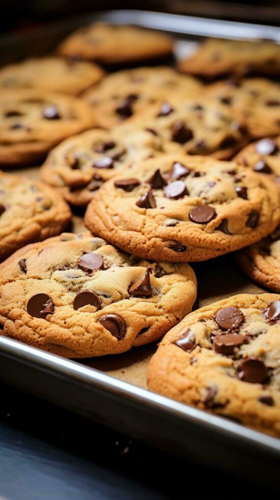 Delicious chocolate chip cookies fresh from the oven on a tray photo