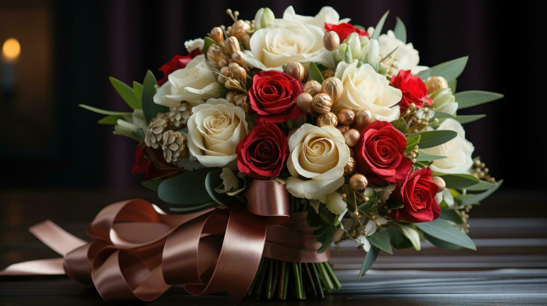 Festive bouquet of red and white flowers with a plaid ribbon photo
