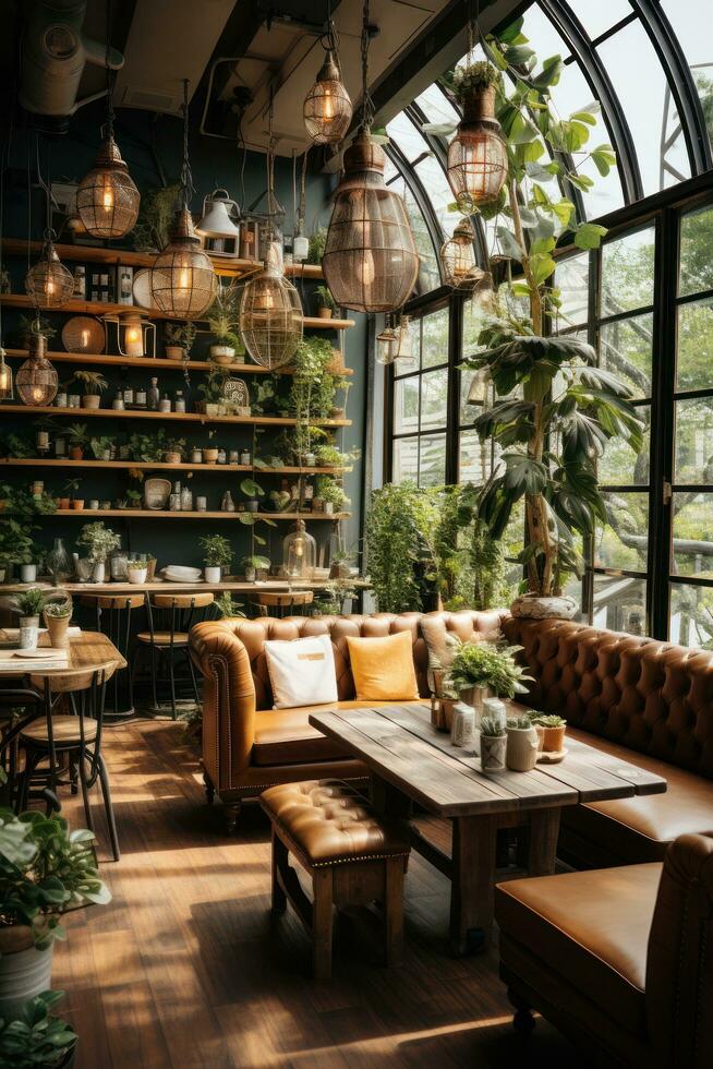 An Aesthetic Studio Coffee Shop Interior Featuring a Coffee Cup and Plant A coffee cup and plant on a table photo