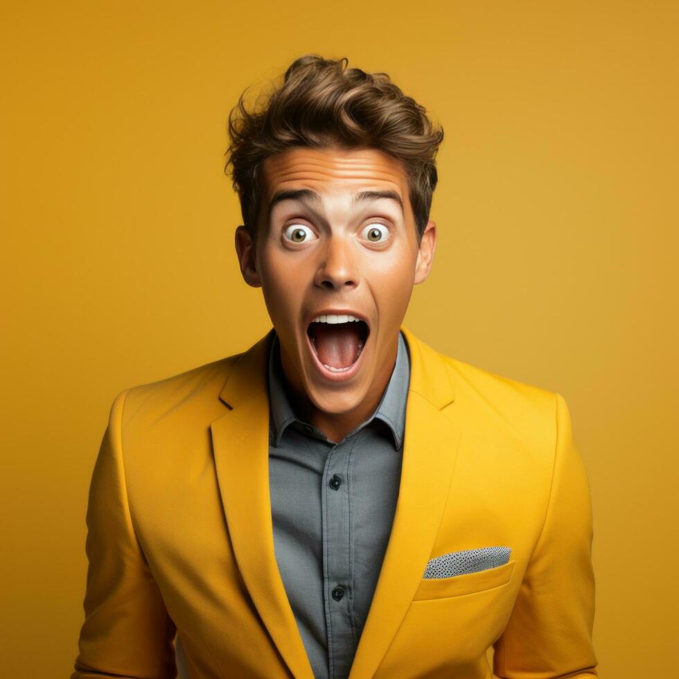 Excited and Surprised Young manager expresses his excitement and surprise by opening his eyes and mouth wide photo