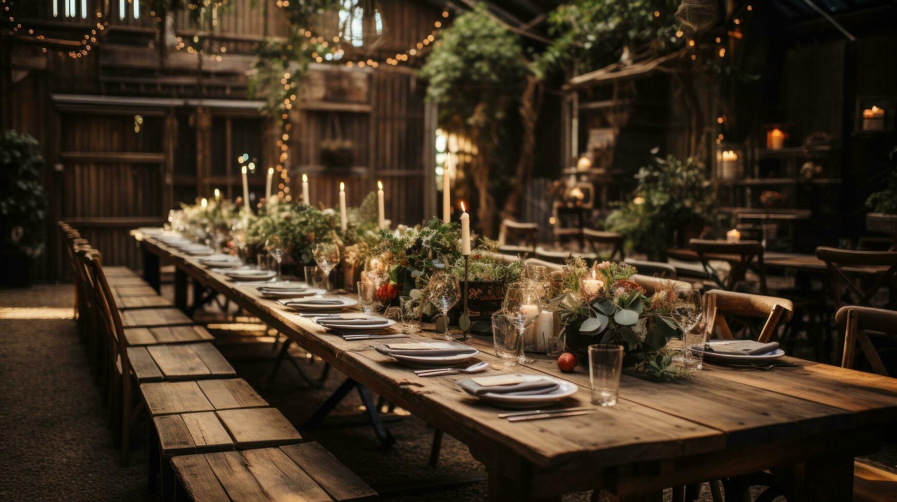 Rustic barn venue adorned with string lights and greenery photo