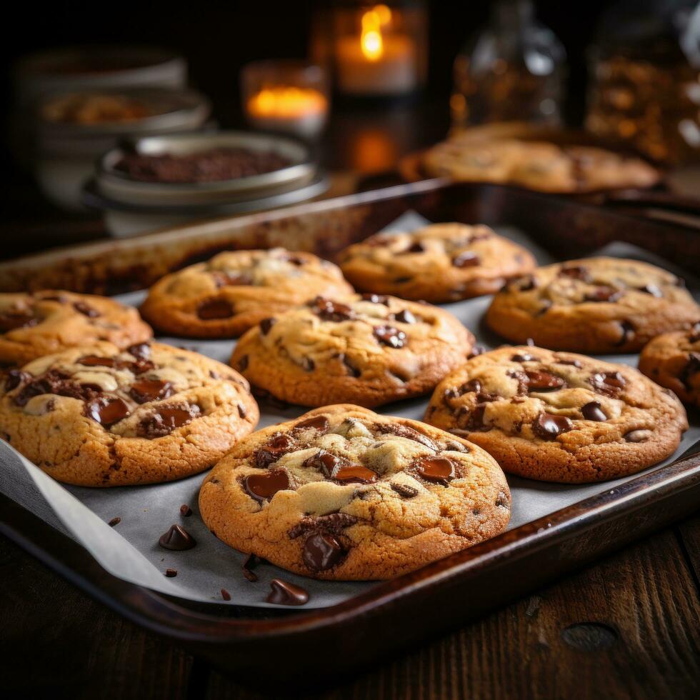 delicioso chocolate chip galletas Fresco desde el horno en un bandeja foto