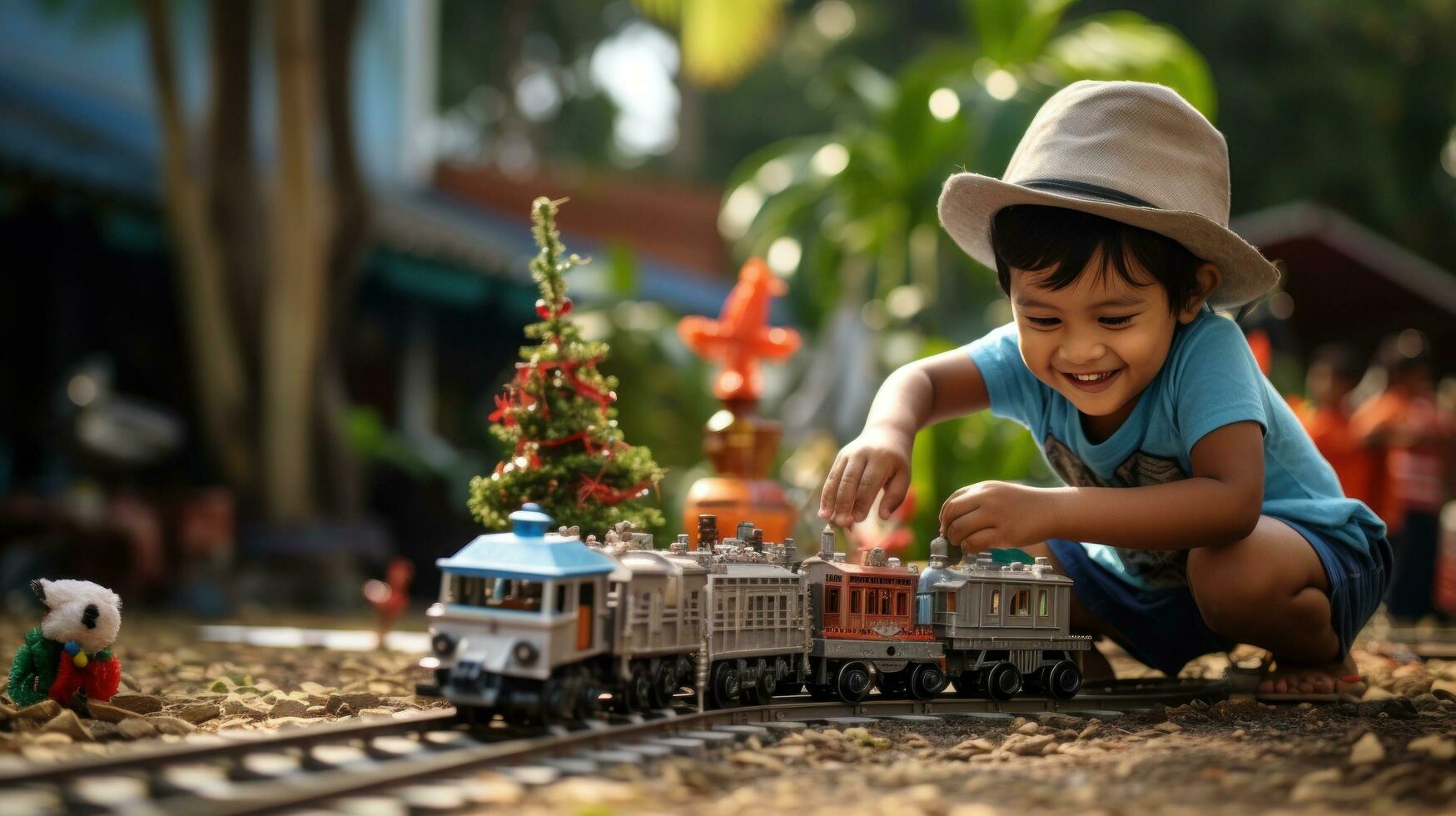 child plays with toy train sitteng ubder christma tree photo