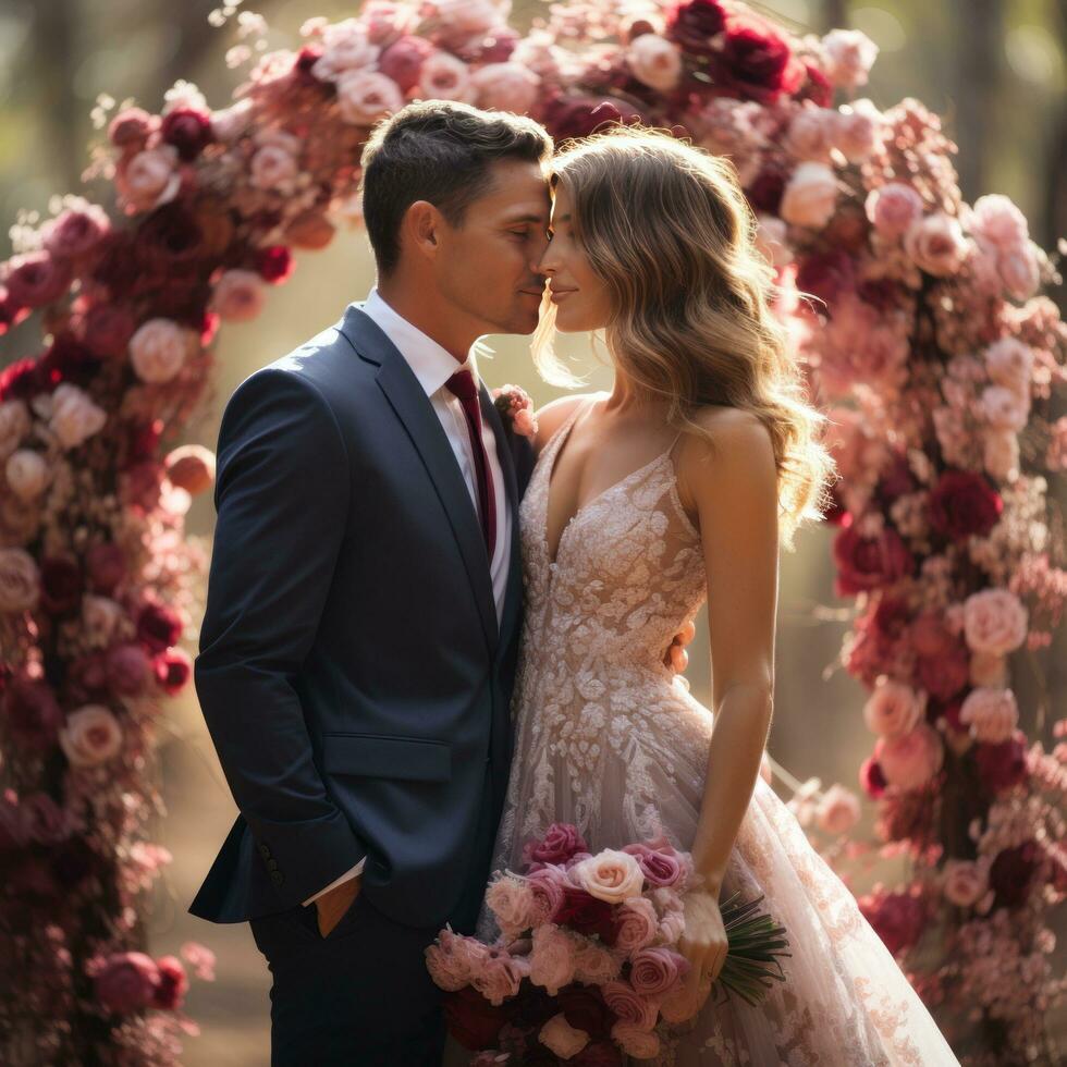 Happy newlyweds kissing under a beautiful floral arch photo