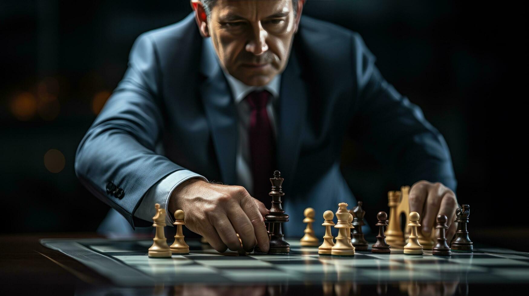 un fotografía presentando un empresario estratégicamente Moviente un ajedrez pedazo en un tablero juego foto