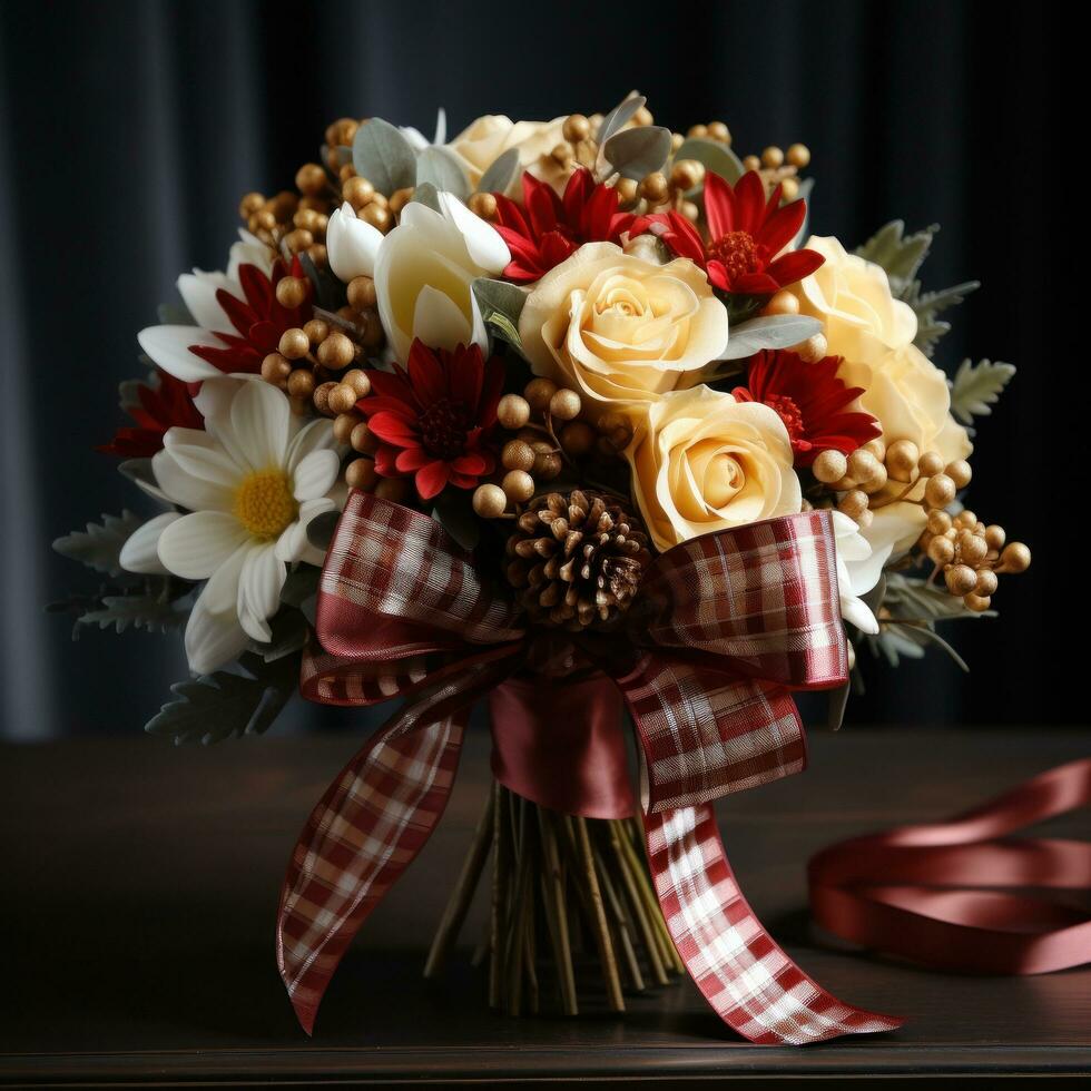 Festive bouquet of red and white flowers with a plaid ribbon photo