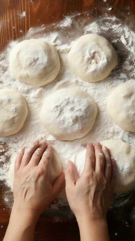 Flour-covered hands forming dough into perfect round shapes photo