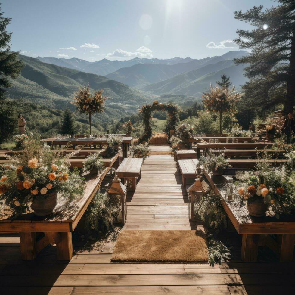 Romantic outdoor ceremony with mountains in the background photo