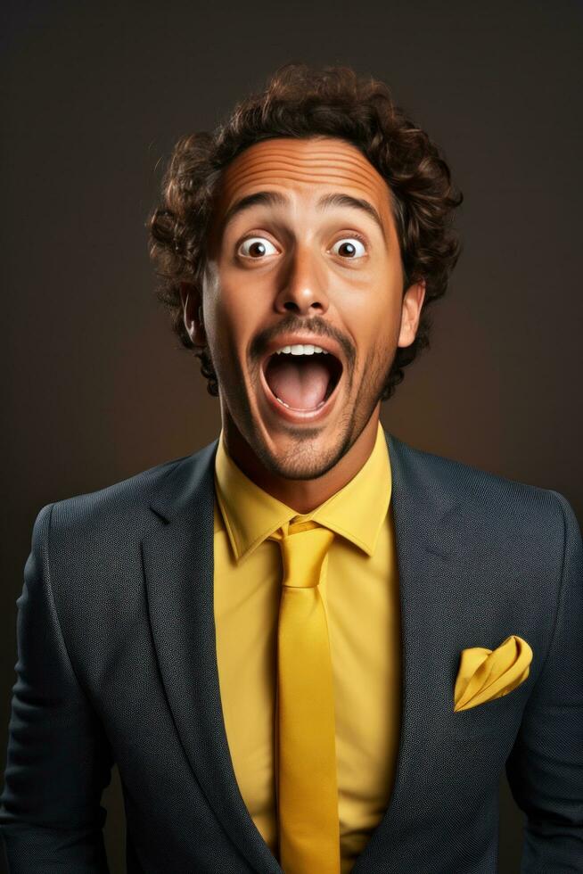 Excited and Surprised Young manager expresses his excitement and surprise by opening his eyes and mouth wide photo
