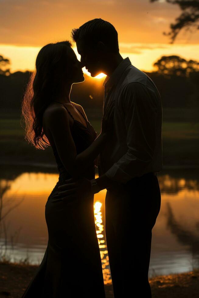 Stunning sunset photo of the couple sharing a passionate kiss