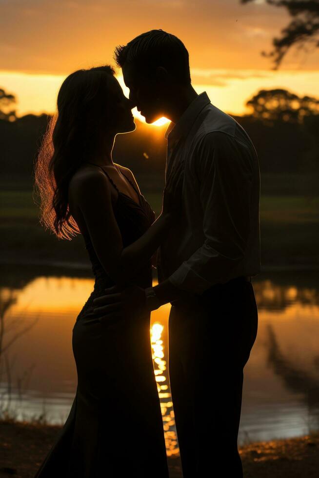 maravilloso puesta de sol foto de el Pareja compartiendo un apasionado Beso